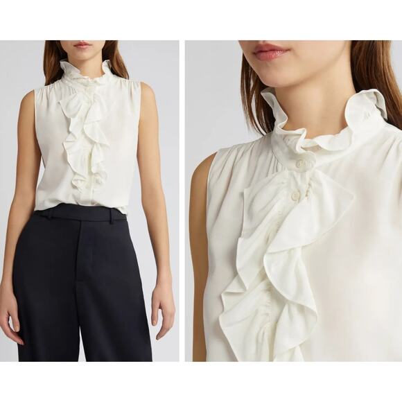 Frame Denim Tops - FRAME Ruffle Sleeveless Silk Crepe White Top